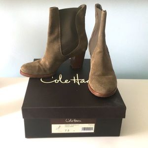 Suede heeled boots, Olive Green, good condition